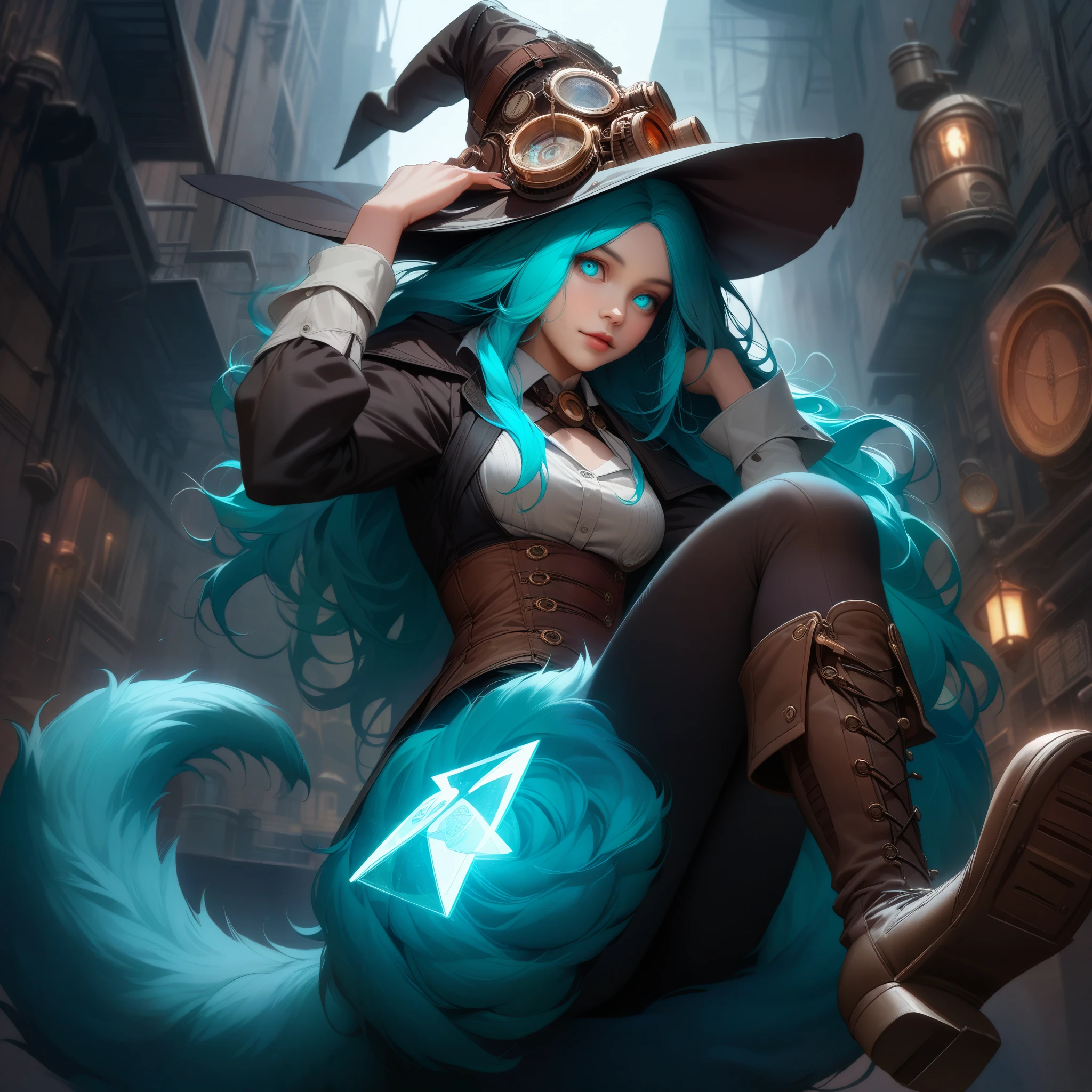 [best quality, shaded, extreme detail, highly detailed, ultradetailed, intricate, realistic], woman, hairy woman, wolf woman, full body portrait, full fur, magic fur, full tail, big tail, magic tail, long hair ( colorful hair), hat on head (steampunk style witch hat), [detailed face, precise details] charming face, almond-shaped eyes (bright turquoise color), witch outfit (dark color with magic rune , the outfit is steampunk style), black tights, shoes (high steampunk boots), the scene is in a narrow alley with a sinister and dark atmosphere.
