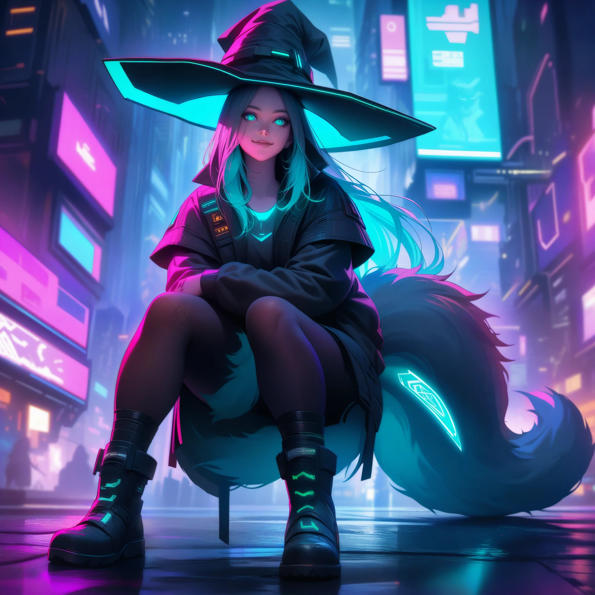 [best quality, shaded, extreme detail, highly detailed, ultra detailed, intricate, realistic], woman, hairy woman, wolf woman, full body portrait, full fur, magic fur, full tail, big tail, magic tail, long hair ( colored hair), hat on the head (cyberpunk style witch hat), almond-shaped eyes (bright turquoise color), expressive smile, charming face, witch outfit (dark color with magic runes, outfit is cyberpunk style), tights black, shoes (high cyberpunk boots), cyberpunk city, the scene takes place in a commercial street. The street contains cyberpunk skyscrapers