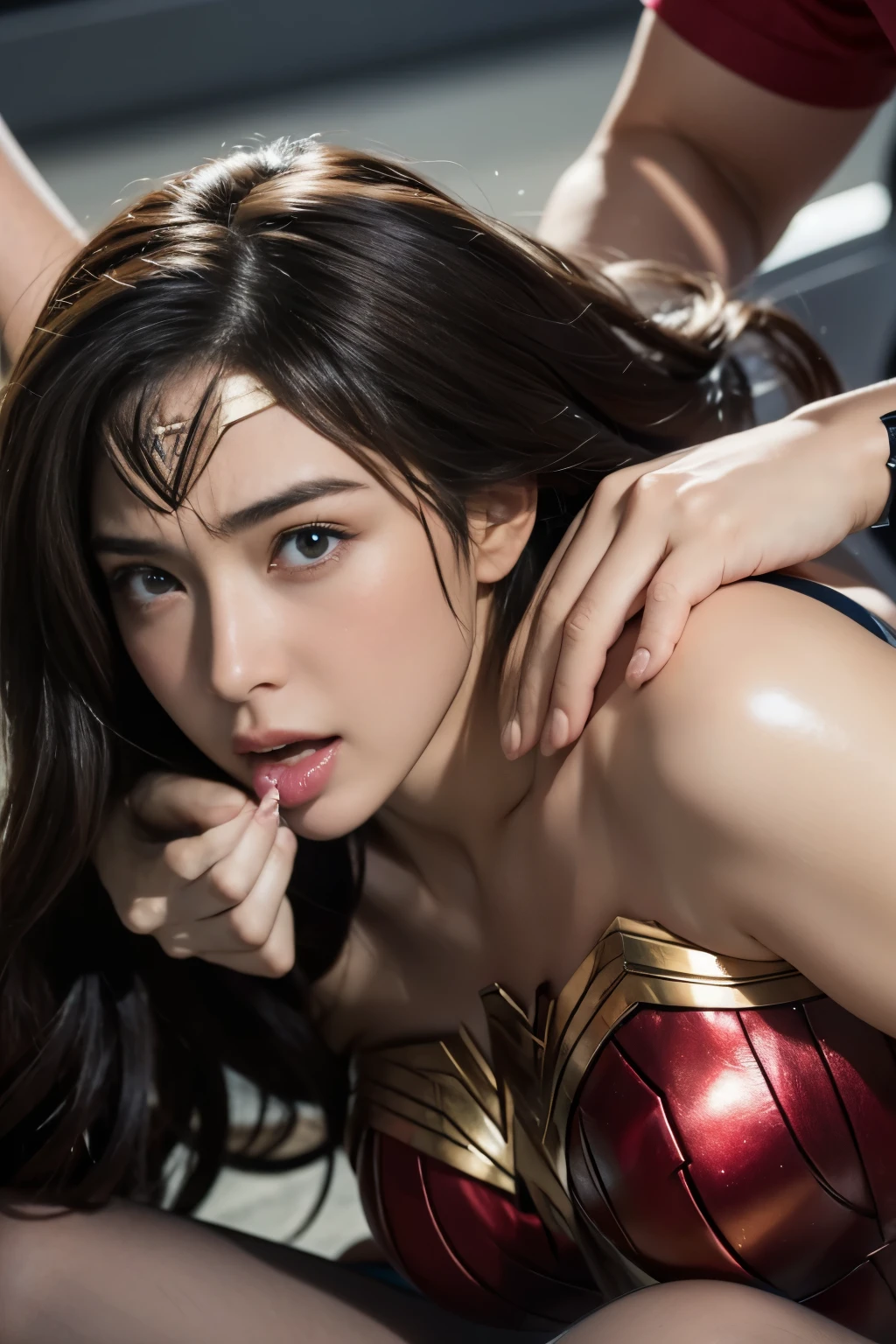 私はWonder Womanです、完璧なWonder Womanの衣装,Kneel,Men lick my face with their tongues,The guys lick my head with their tongues,Men lick my hair with their tongues,My body is licked by men,sleeping face, Close ~ eyes,Open your mouth,Tired face,Face of Suffering,sleeping face,Slap in the face,get punched in the face,Struggling with men,Fight with the men,Surrounded by men,,caught between men,Being held back by men,Entanglement with males, Attacked by men,Brown Hair,  masterpiece、beautiful girl、fine 目、puffy eyes、highest quality, 超High resolution, (reality: 1.4), Cinema Lighting,so beautiful、Beautiful Skin、(超reality的な)、(High resolution)、(8k)、(Very detailed)、(beautiful and fine 目)、(Very detailed)、 Detailed face、Diagonal Bangles Hair、Brown Hair、20-year-old、Wonder Womanのコスプレ，Wonder Woman