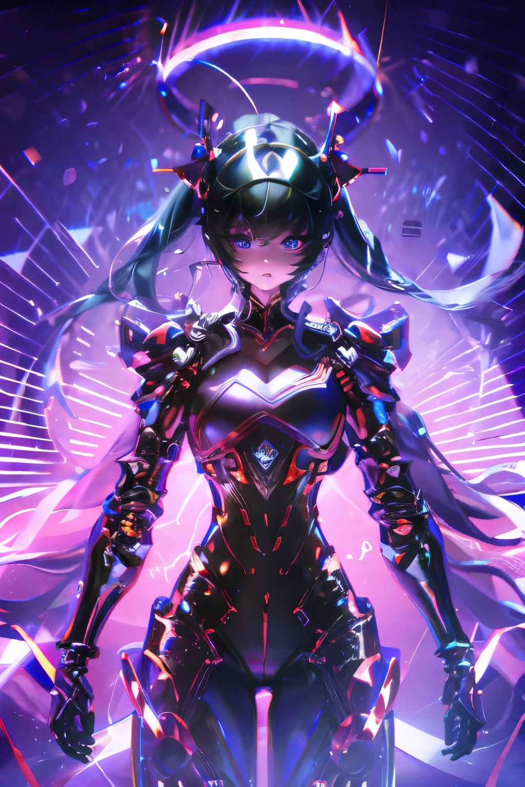 best quality, High Detail, 4K, Humanity, girl, Android face(Metal), steel & Titanium Leather, robot face(With Humanity Features), CCTV(Hard eye circles, Clear pupils), 1girl, formal, Perfect hands(5 fingers), wig(wig), Large Breasts, Bionic Armor, full length, whole body, Masterpiece body,