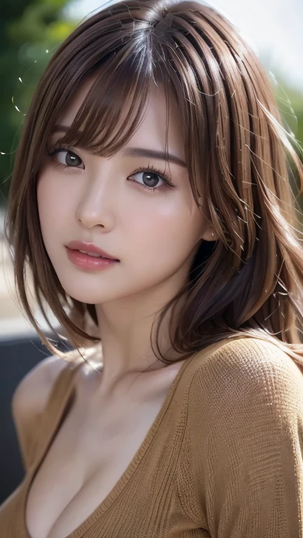 (Masseter muscle area:1.3)、(8k、Photorealistic、RAW Photos、highest quality: 1.4)、(1 girl)、Beautiful Face、(A vivid face)、(Light brown hair:1.5)、(Medium Hair)、Beautiful hairstyle、（One eye is hidden by bangs：1.5）、Realistic brown eyes、Beautiful details、（Realistic looking skin）、Beautiful Skin、（Black sweater）、Absurd、Charm、Embarrassing、Ultra-high resolution、Surreal、Attention to detail、Golden Ratio