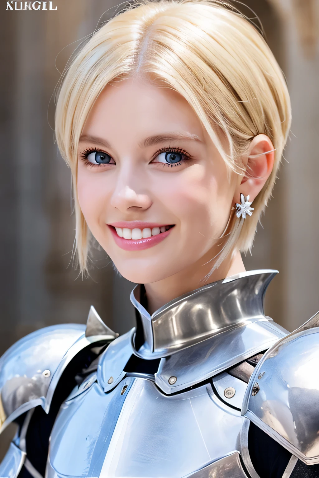 8K、highest quality、female knight、Luxurious Silver Armor、、hairstyle short cut、smile、Beautiful Teeth、Full body photo、ear piercing、blonde、White woman、blue eyes、Heavy makeup、The background is inside the castle