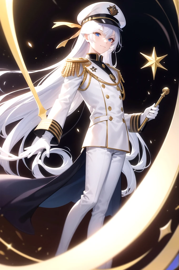 (masterpiece, 2K, best quality), 1boy, male focus, red eyes, heterochromia, blue eyes, hair over one eye, solo, glowing eyes, holding sword, rapier, white hair, straight hair, middle hair, white uniform, epaulettes, ruffles, white gloves, navy hat, white hat, long sleeves, smirking, sadistic face, white trousers, upper body, standing in front of a clock, huge clock face, luminous white astronomical clock, luminous astronomical clock, clock hands, looking at viewer, dark theme