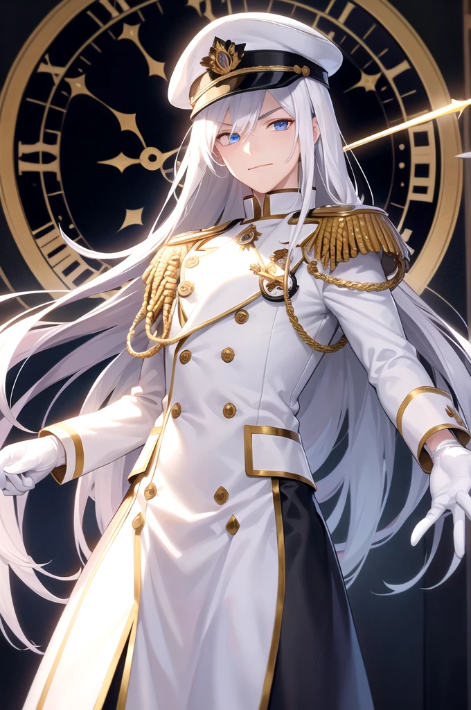 (masterpiece, 2K, best quality), 1boy, male focus, red eyes, heterochromia, blue eyes, hair over one eye, solo, glowing eyes, holding sword, rapier, white hair, straight hair, middle hair, white uniform, epaulettes, ruffles, white gloves, navy hat, white hat, long sleeves, smirking, sadistic face, white trousers, upper body, standing in front of a clock, huge clock face, luminous white astronomical clock, luminous astronomical clock, clock hands, looking at viewer, dark theme