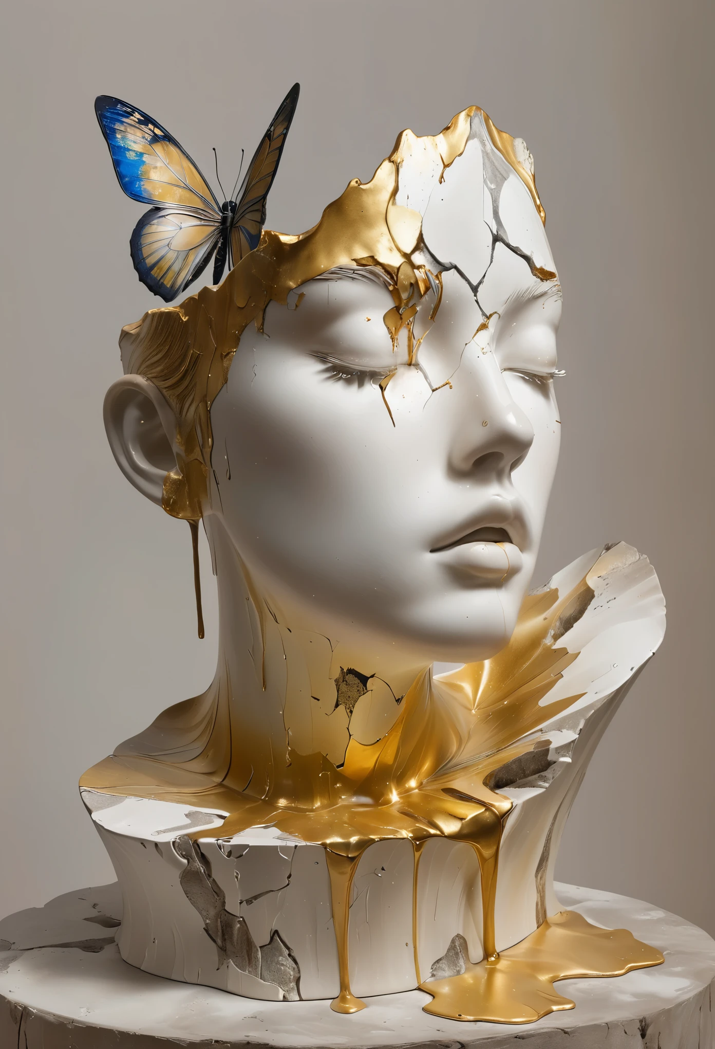 ((exhibit，Still Life Table，Artistic statues，3D Sculpture，ceramics，Surface cracks，Shattered Texture)), Show the beauty of nature.Kaneko，Golden powder， Emphasize its artistic quality.
