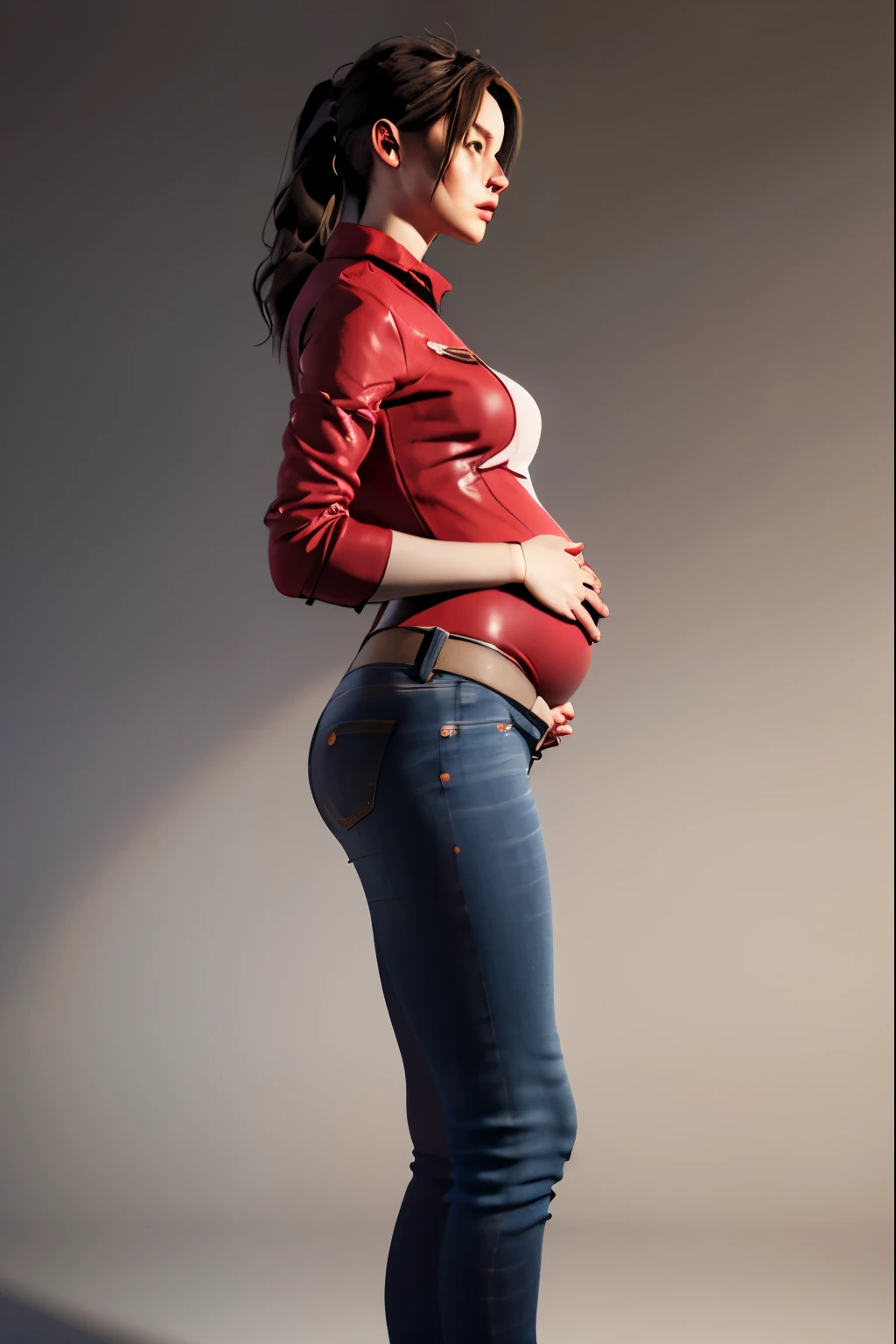 (masterpiece, best quality), 1girl and 1 man, claireredfield2, pregnant, wear jeans, side view