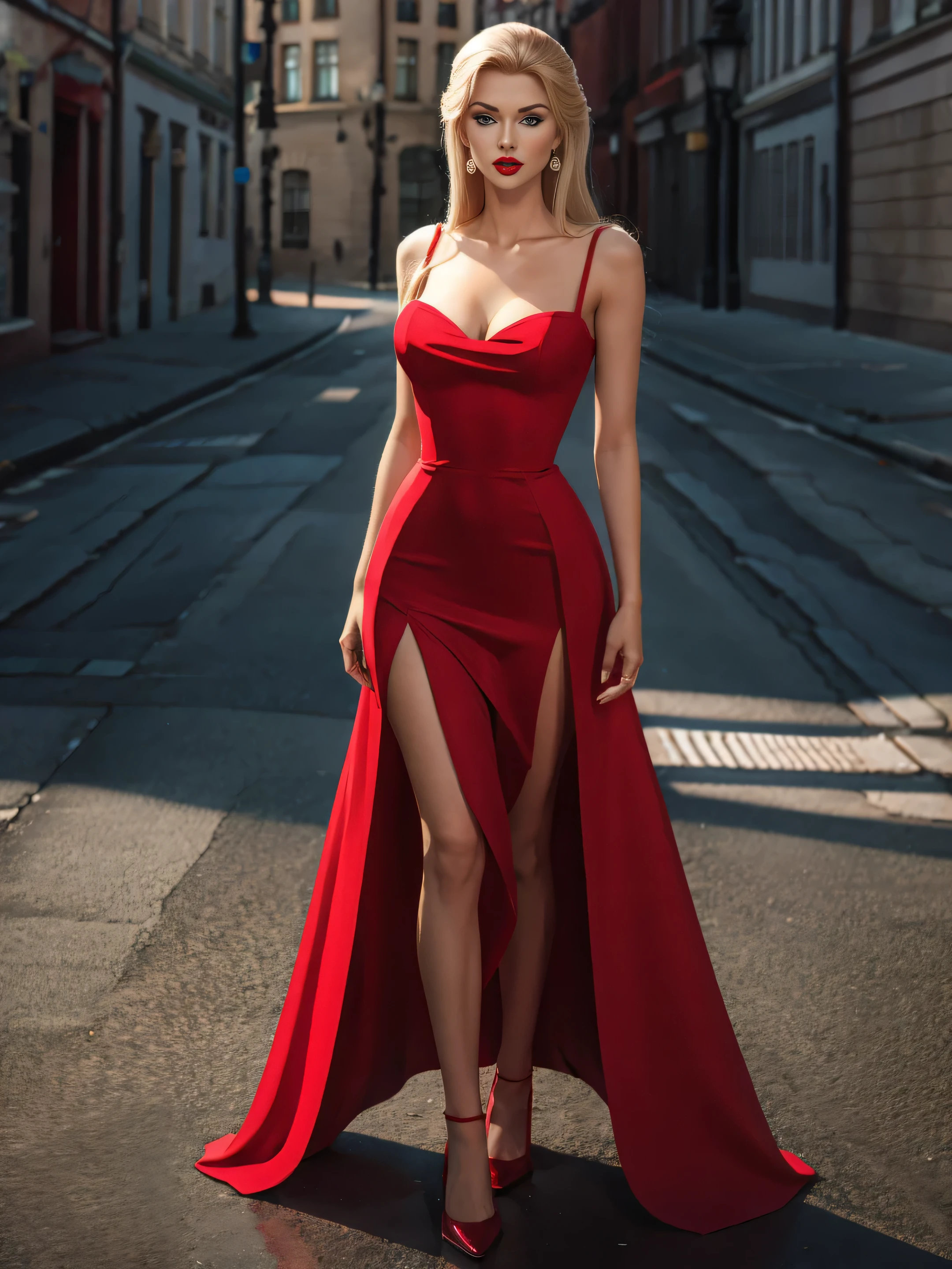 1girl in, 19, Allein, lange Haare, Kolossal , Betrachter betrachten, blondes Haar, braune Augen, Juwelier, Full body, eine Halskette, schulterfrei, realistisch, Eine sexy,with a birkin,rich,red dress,with red high heels