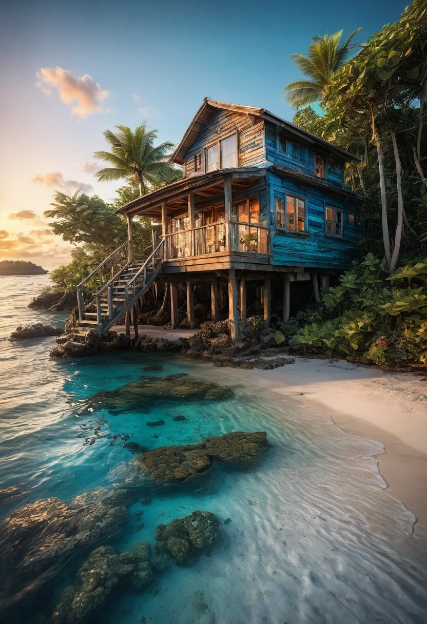 Blue Coast, "Stunning photo realistic  image of a small cozy beach house on a small uncharted paradise island surrounded by clear water with colorful coral reefs under the water!" by Awwchang and James_Christensen and CGSociety and Carne_Griffiths, ultradetailed, intricate, maximalist, ultra_quality, 8k , beautiful_composition, sunset , pale muted colors