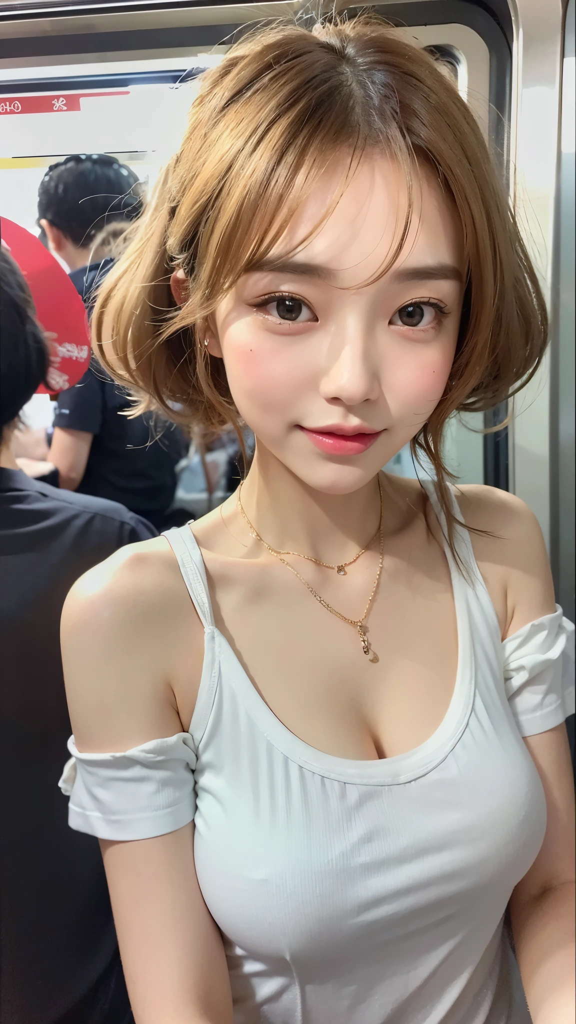 (highest quality、8k、32k、masterpiece、Hmph:1.2)、Cute Japanese Women Photos、Soft looking breasts、No bra、Ample breasts、Shortcuts、Face Focus、White T-shirt、necklace、From above、Looking at the audience、Laughter、Dimples、Dynamic Shadows、Blonde、Wet shiny hair、Sparkling, moist eyes、((Inside a crowded train)),