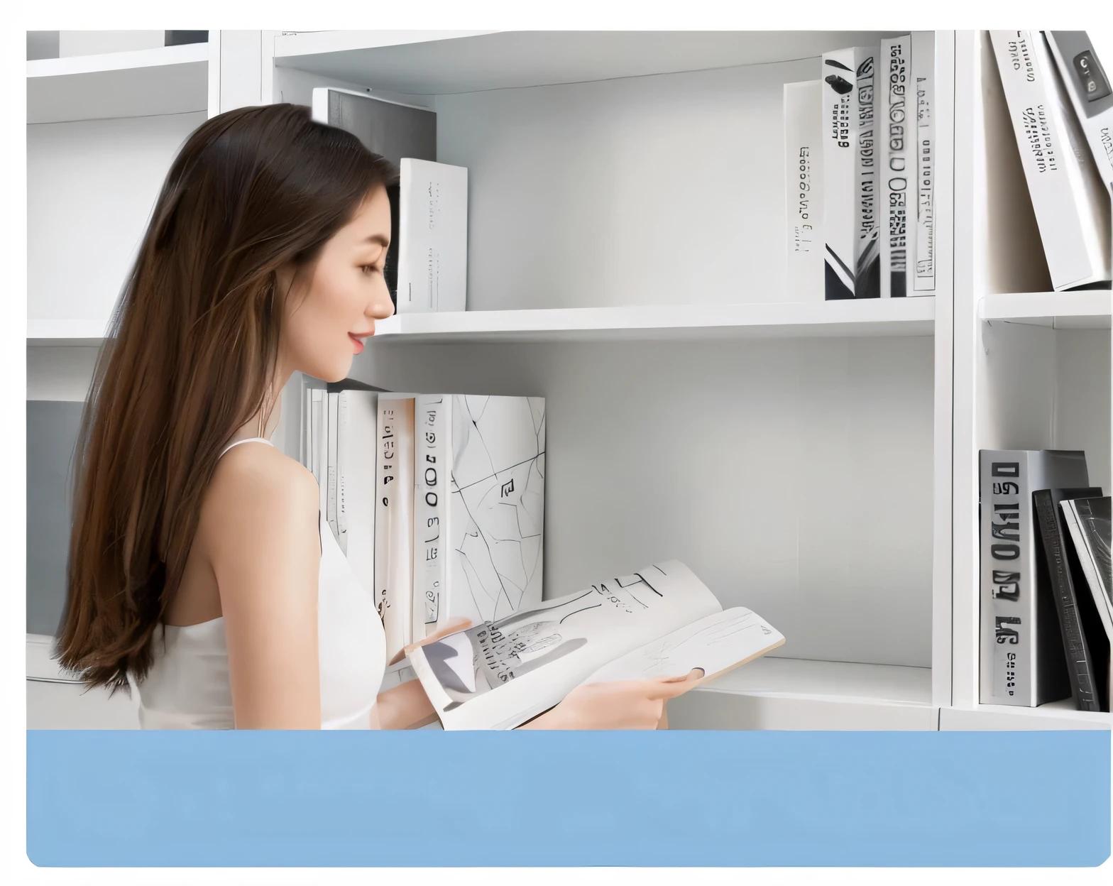 woman reading a book in front of a book shelf with books, shelf, Product introduction photoss, White, Product introduction photos, book shelf, Stylish design, detailed picture, No text, White map library, book shelf small library, high quality], full image, Low resolution, exhibit, high detail, High Detail, bookshelf, detailed picture, No background