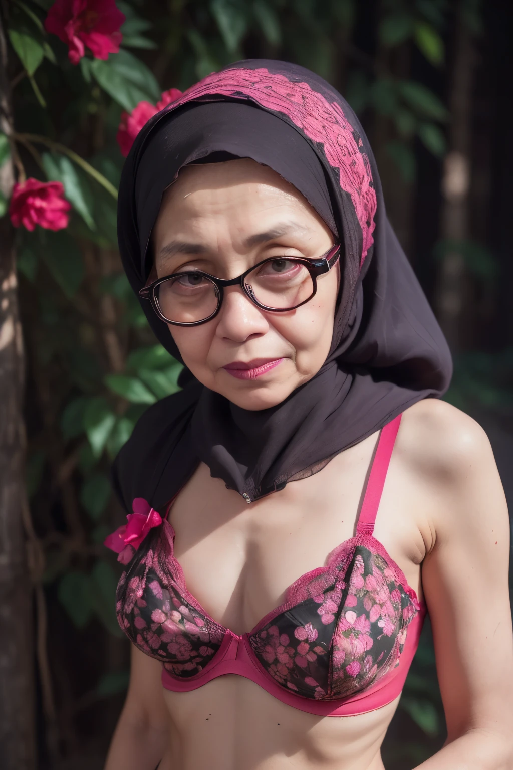 Spectacles, ((Old body lady:1.2)), ((Old lady:1.6)), ((FLAT CHEST:1.6)), (Happy smile), (((HIJAB MALAY GIRL))), masutepiece, High quality, UHD 32K, Realistic face, Realistic skin feeling , A Japanese Lady, 58 years old matured lady, , Very cute and baby-like face, (((FLAT CHEST))), (Night time at forest), ((look In front  at the camera and SADNESS)), (((CUTE GIRL))), ((RED FLUORESCENT LIPS)), ((Floral Pattern)) little ((wearing strapless bra)), strapless colorful bra, dark night background , black forest night, horror scary place, (from behind up) seductive pose