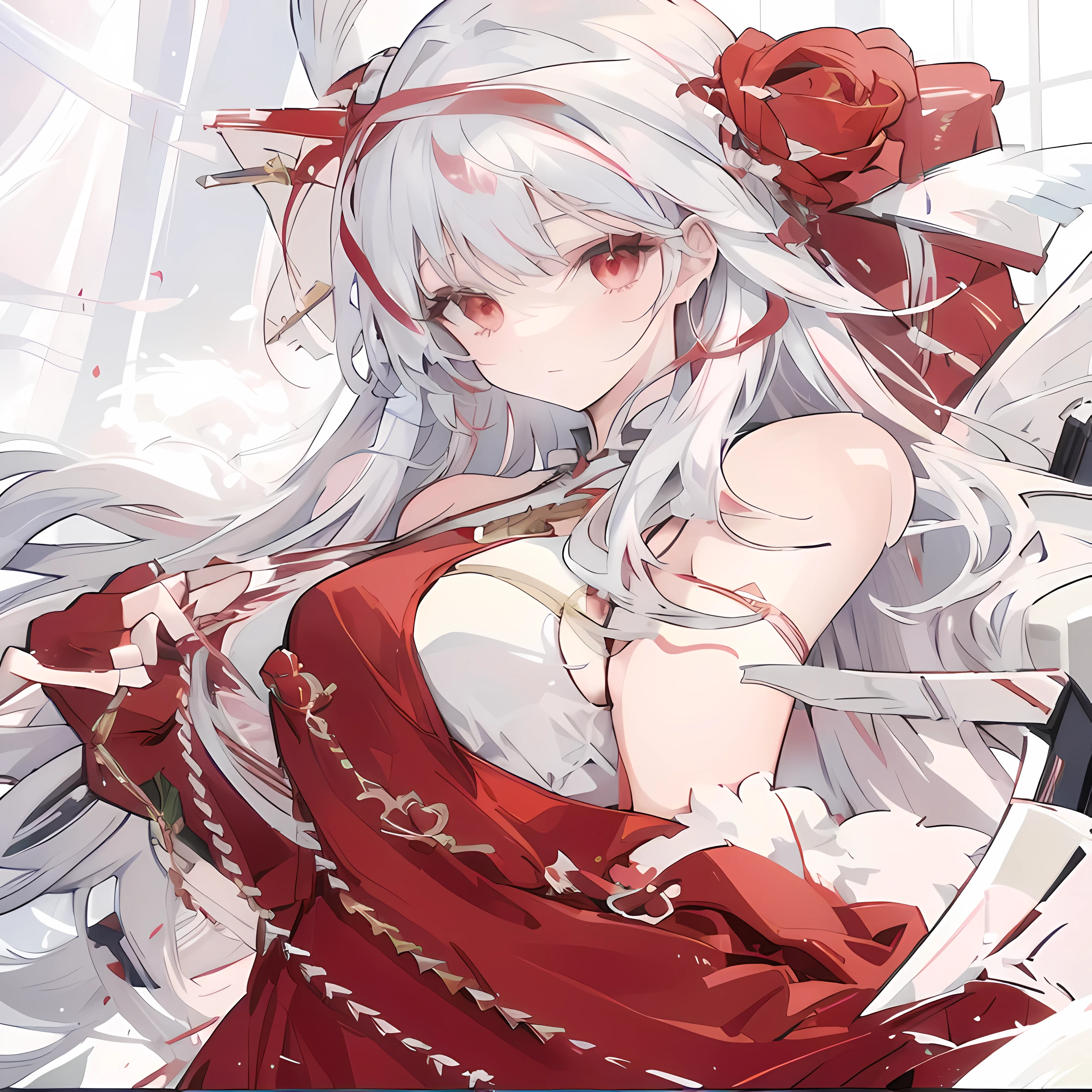 anime - style image of a woman in a red dress with a rose in her hair, white haired deity,