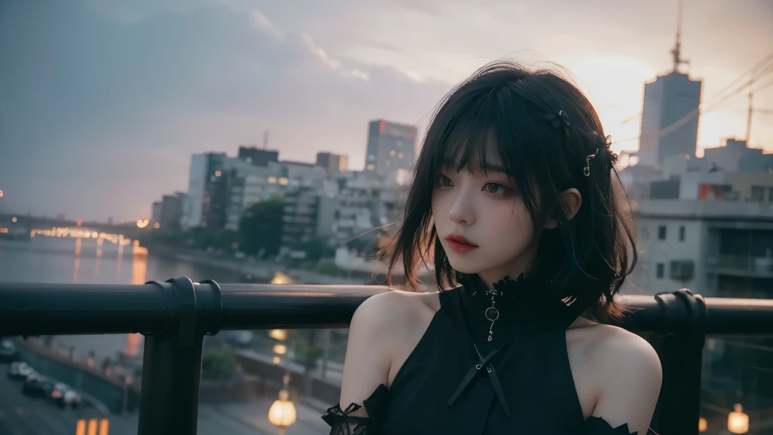 (upper body:1.4), Goth Fashion, Dystopia, tokyo, minimum, harmony, tranquility, cinematic light, Magic Hour, A strong wind is blowing, Girl overlooking the city, slender, floating Medium Hair, diffused natural skin glow, bangs, Deep Shadow, Gothic Punk, masterpiece, highest quality, RAW Photos, sigma 50mm f1.4, candytt, 24-years-old