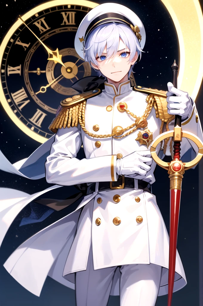 (masterpiece, 2K, best quality), 1boy, male focus, red eyes, heterochromia, blue eyes, hair over one eye, solo, glowing eyes, holding sword, rapier, white hair, straight hair, middle hair, white uniform, epaulettes, ruffles, white gloves, navy hat, white hat, long sleeves, smirking, sadistic face, white trousers, upper body, standing in front of a clock, huge clock face, luminous white astronomical clock, luminous astronomical clock, clock hands, looking at viewer, dark theme