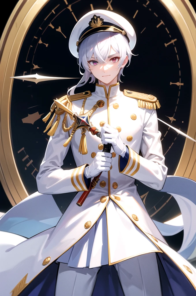 (masterpiece, 2K, best quality), 1boy, male focus, red eyes, heterochromia, blue eyes, hair over one eye, solo, glowing eyes, holding sword, rapier, white hair, straight hair, middle hair, white uniform, epaulettes, ruffles, white gloves, navy hat, white hat, long sleeves, smirking, sadistic face, white trousers, upper body, standing in front of a clock, huge clock face, luminous white astronomical clock, luminous astronomical clock, clock hands, looking at viewer, dark theme