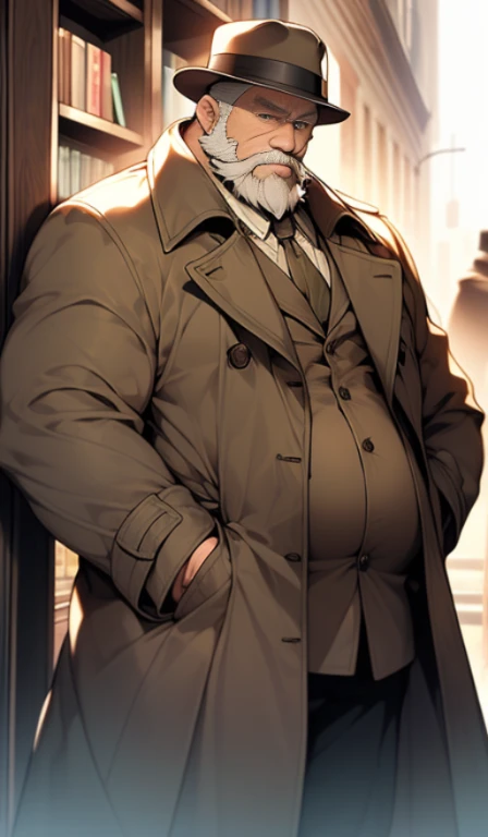 Fat grandpa，Great Detective，Brown coat，Brown beret，Modern Office，From Sherlock Holmes，pregnant，Soft，Put your hands behind your back，Moustache，White hair。