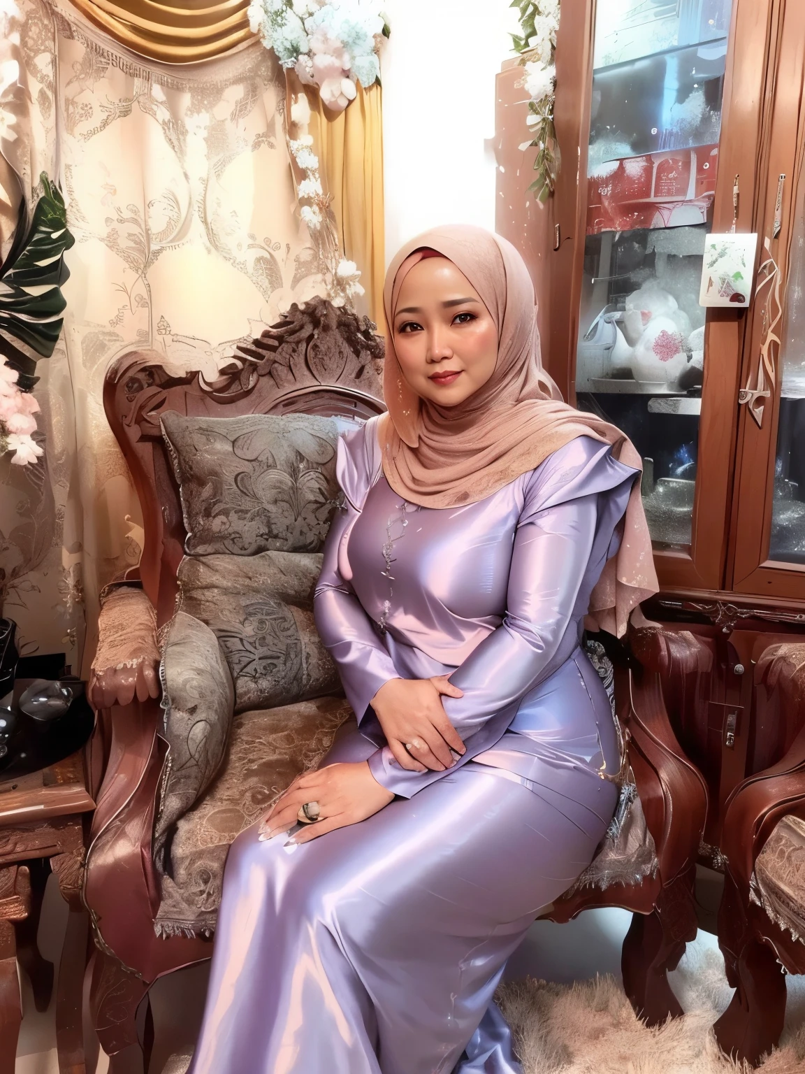 52 years Old, Hijab Indonesian mature woman, Large : 96.9, Gamis, Slim body, Breast about To burst out, at Studio Photo, Dark light, at NightTime