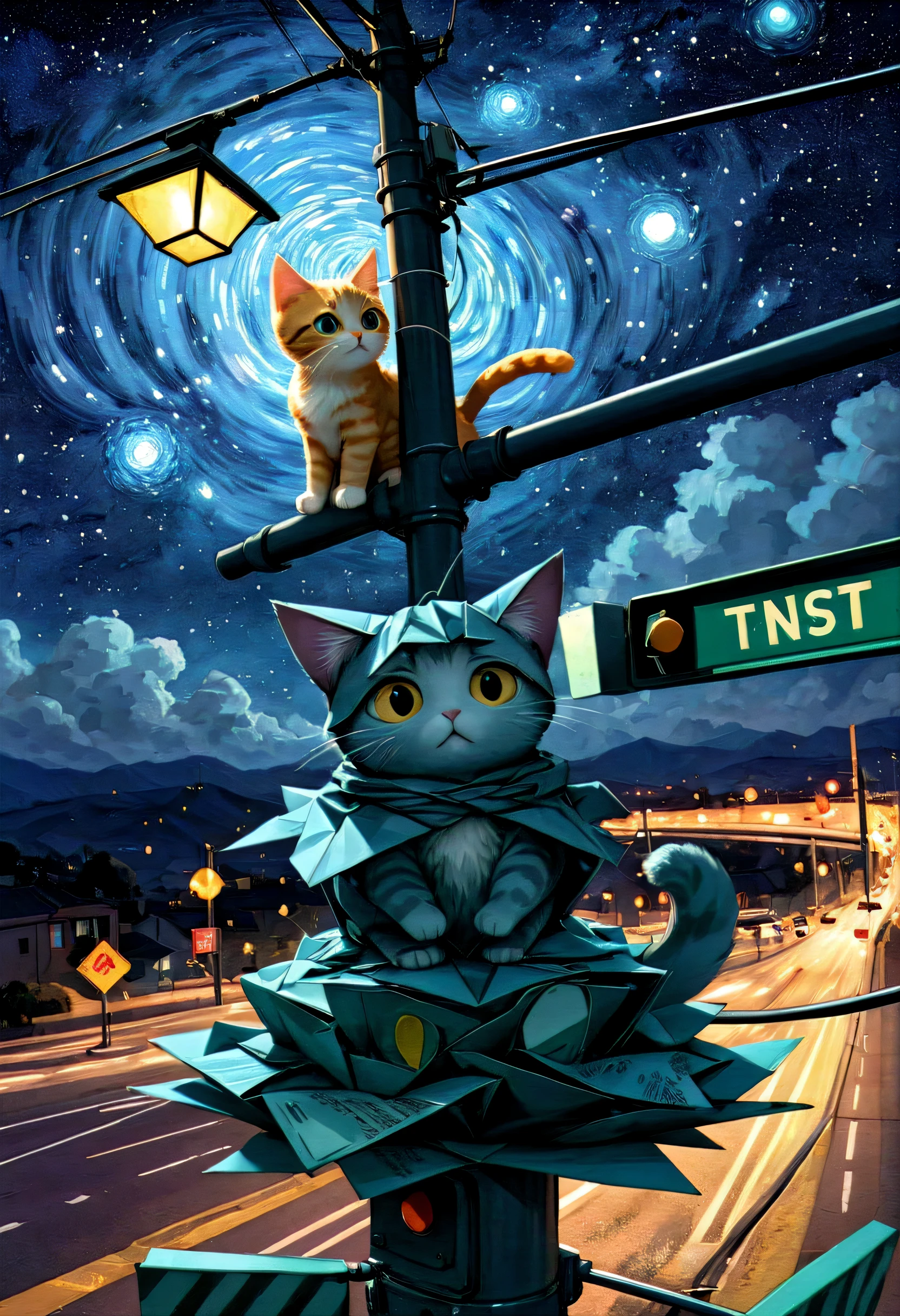 Newborn kittens、 The kitten is abnormally overweight、The bird&#39;s nest is on top of the traffic light, Kitten&#39;s weight breaks traffic light、, Surreal, interesting, comics, Starry Sky, Tangled, origami, Cinematic, Emotional, amazing, Vincent van Gogh,....by myself...lol