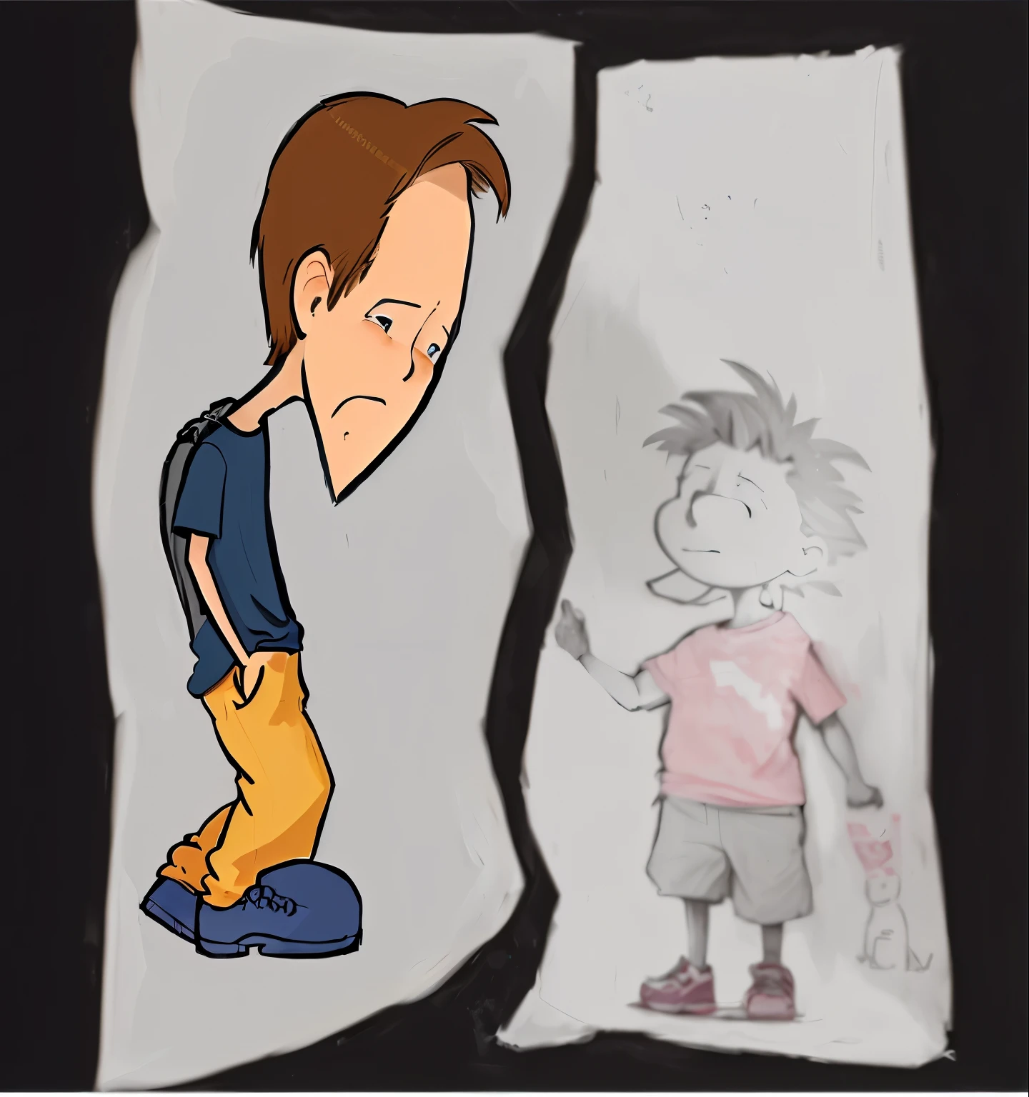 cartoon of a man standing in front of a broken window with a &#39;s drawing, imagen de dibujos animados, en estilo de dibujos animados, cartoon still, dibujo de dibujos animados, imagen emocional, mal dibujado, Caricatura dibujada a mano, still animated, caricaturesco y simplista, dibujos animados realistas, Cartoons for kids, based on child's drawing, arte de dibujos animados, arte conceptual de un chico soltero, still animation