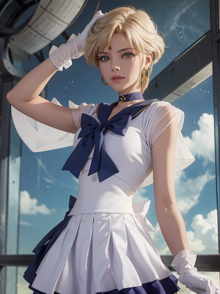 Professional photo of Sailor Uranus, mature woman, , aqua eyes, blonde hair, Sailor Senshi Uniform, sailor collar, Chest bow, back bow, pleated skirt, White elbow gloves,
detailed skin, detailed eyes,