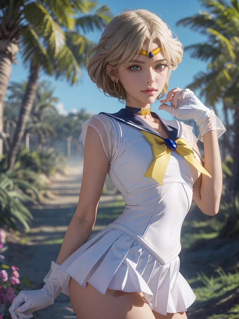 Professional photo of Sailor Uranus, mature woman, , aqua eyes, blonde hair, Sailor Senshi Uniform, sailor collar, Chest bow, back bow, pleated skirt, White elbow gloves, 
detailed skin, detailed eyes, 
