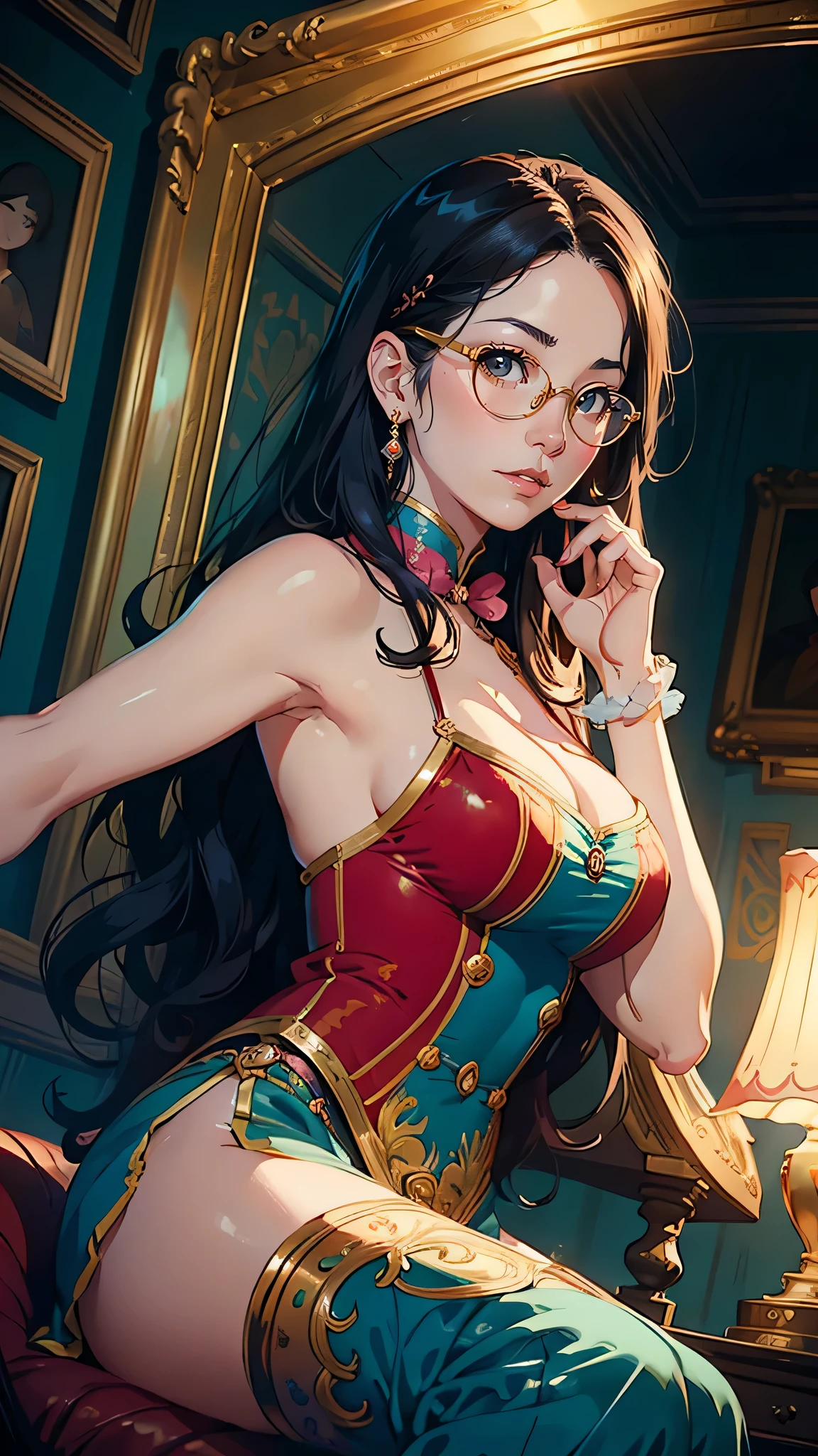 A beautiful portrait of Julia Chang in a whimsical and colorful circus setting, Features exquisite details and a retro aesthetic, Glasses, Produced in the art style of Conrad Rosett and Jeremy Lipkin