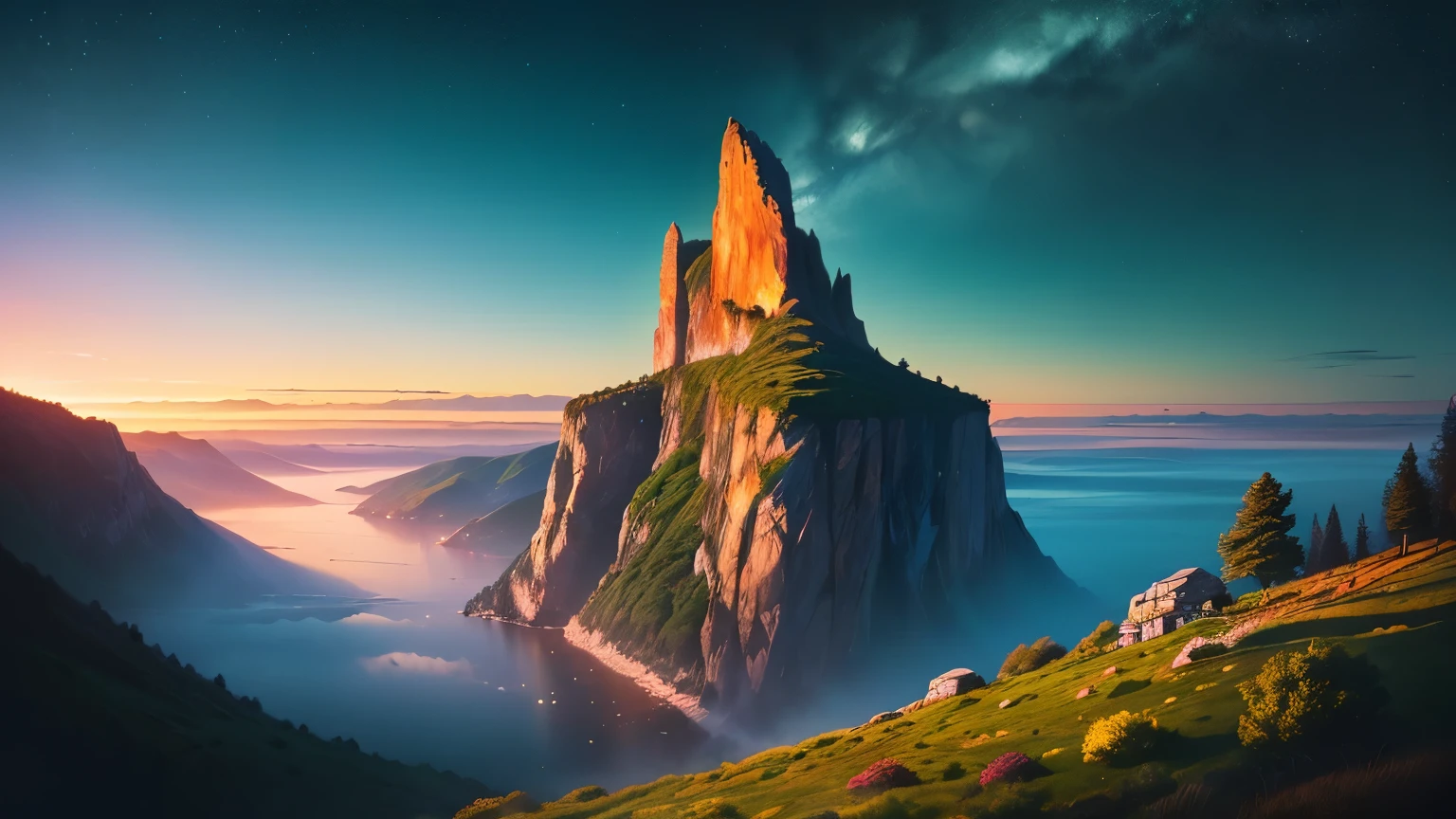 (masterpiece, best quality:1.4), cinematic light, fancy, high contrast, mountain, grass, tree, night, (masterpiece, best quality:1.4), (captivating digital art), cinematic lighting, clear sky, Green Forest. There are also blue sea cliffs.