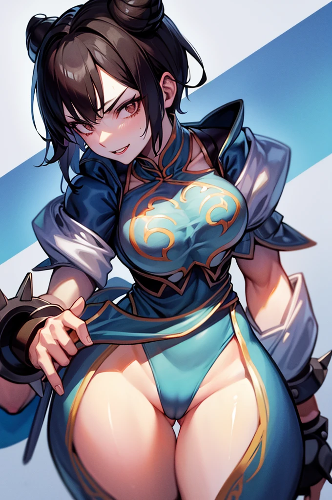 mulher jovem,short black hair , badass , full ancient armor,coxas torneadas,Evil Smile,juri han,chifres de cabelo,detalhes do corpo,arredor escuro,low yellow lighting,raios amarelos