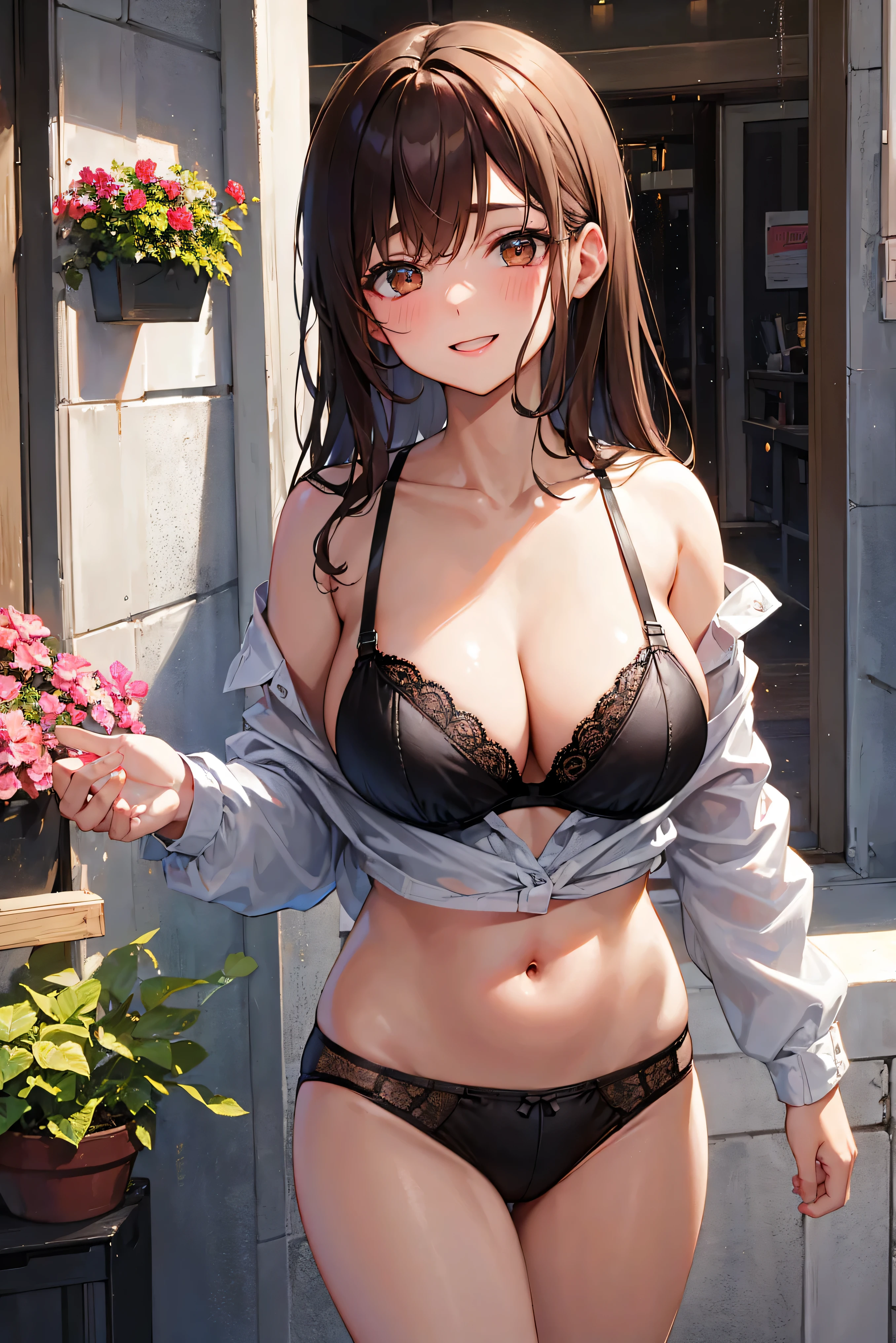 Full-size adult woman, blushing, smiling, mouth, lips, eyebrows, large brown brown hair color, full height, light brown eyes, wearing underwear, looking at viewer, grimace on ahageo-shaped face, underwear black, black bra, white skin color, background scenery, in the window, plants around, on the sides, living environment, leaves flying, raining heavily, water