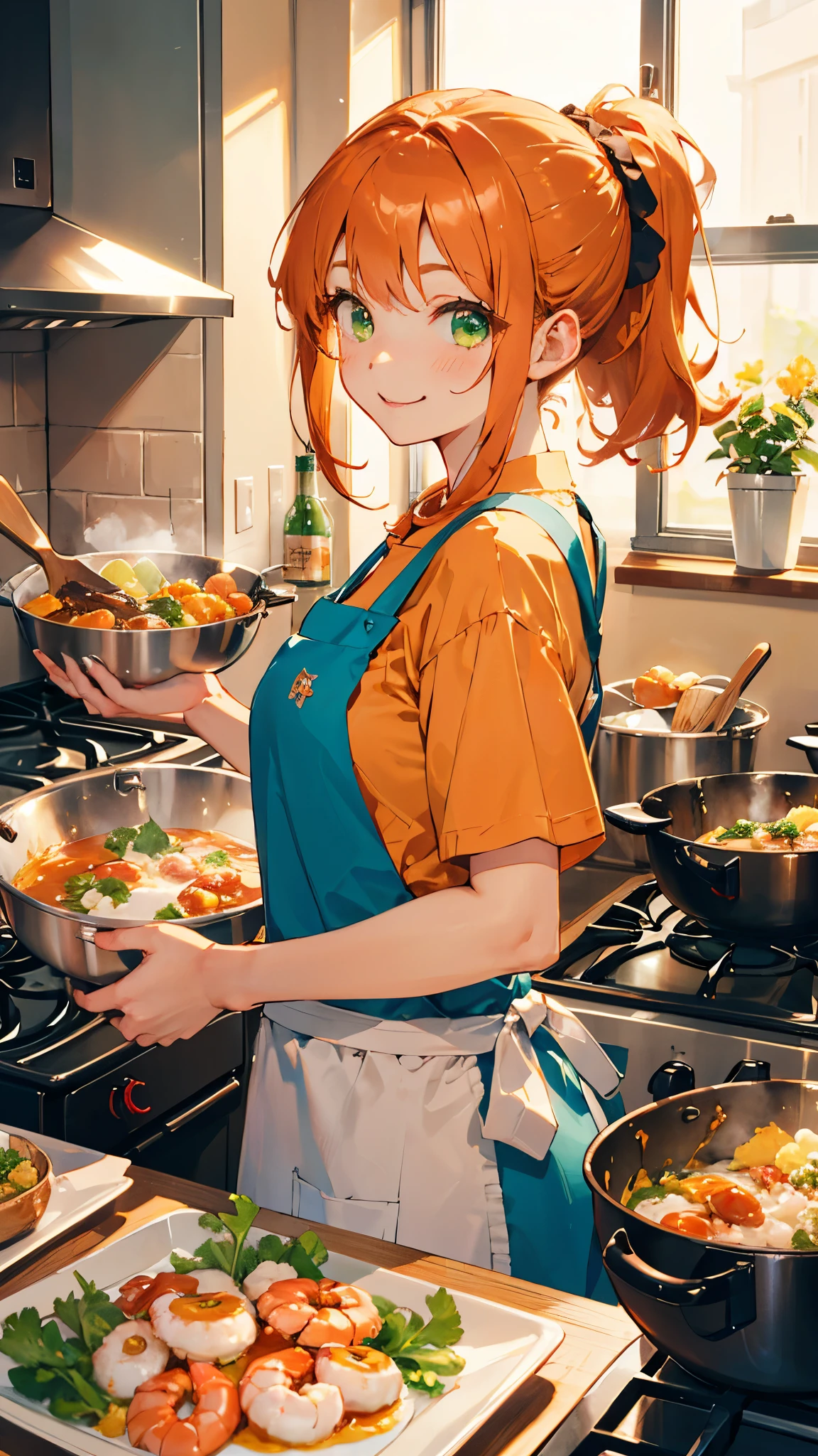 -yeld giCute shrimp girl、Cook delicious food in the kitchen、Orange Hair、ponytail、Beautiful green eyes、From the side、apron、Beautiful smile、Upper body close-up