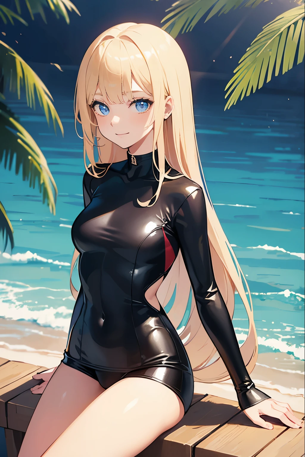 Safe at Work, masterpiece, highest quality, alone, 1 girl, (Young Woman's Body:1.4), ( Medium chest), Thin legs, Golden Hair, Very long hair, Blunt bangs, Crystal Blue Eyes, very Fine grain, Beach, Sitting, elegant, smile, Panicked, pretty girl, Cowboy Shot, Black rash guard swimsuit and shorts, Pure black swimsuit, Fine grain, Expressive Face