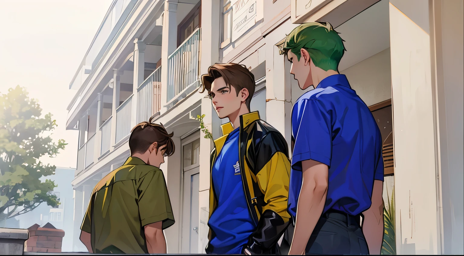 They are three handsome young men of 15 years old.., green and brown hair, ropa azul.