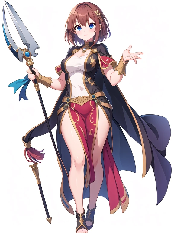 (stand posture), cute eyes, adult woman,, solo, high fantasy outfits, ((white background)), (full body), holding weapon, clerk costume
