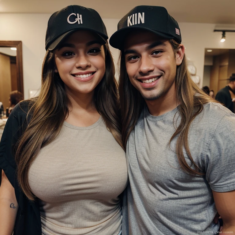 Make a picture of the couple. The girl is a latina with dark blonde long wavy hair, nice lips, hig doe eyes and lashes, curvy and wearing some casual clothes, hugging and smiling with a man which is a tall handsome latino man wearing a cap and laughing with her 