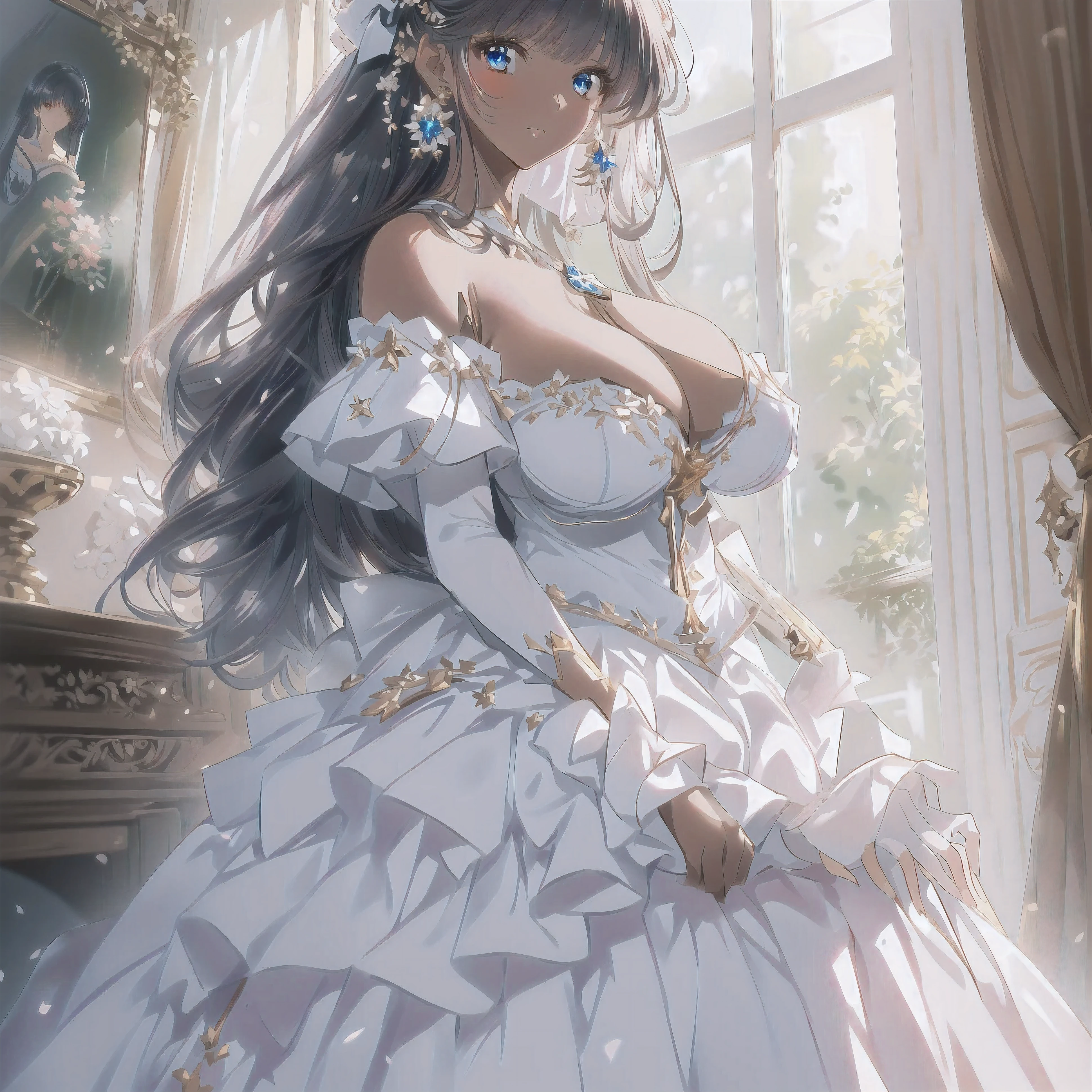 anime girl in a white dress sitting in a room,  in dress, cute anime waifu in a nice dress, cushart krenz key art feminine, royal elegant pose, guweiz on pixiv artstation, detailed digital anime art, guweiz on artstation pixiv, 8k high quality detailed art, beautiful alluring anime woman