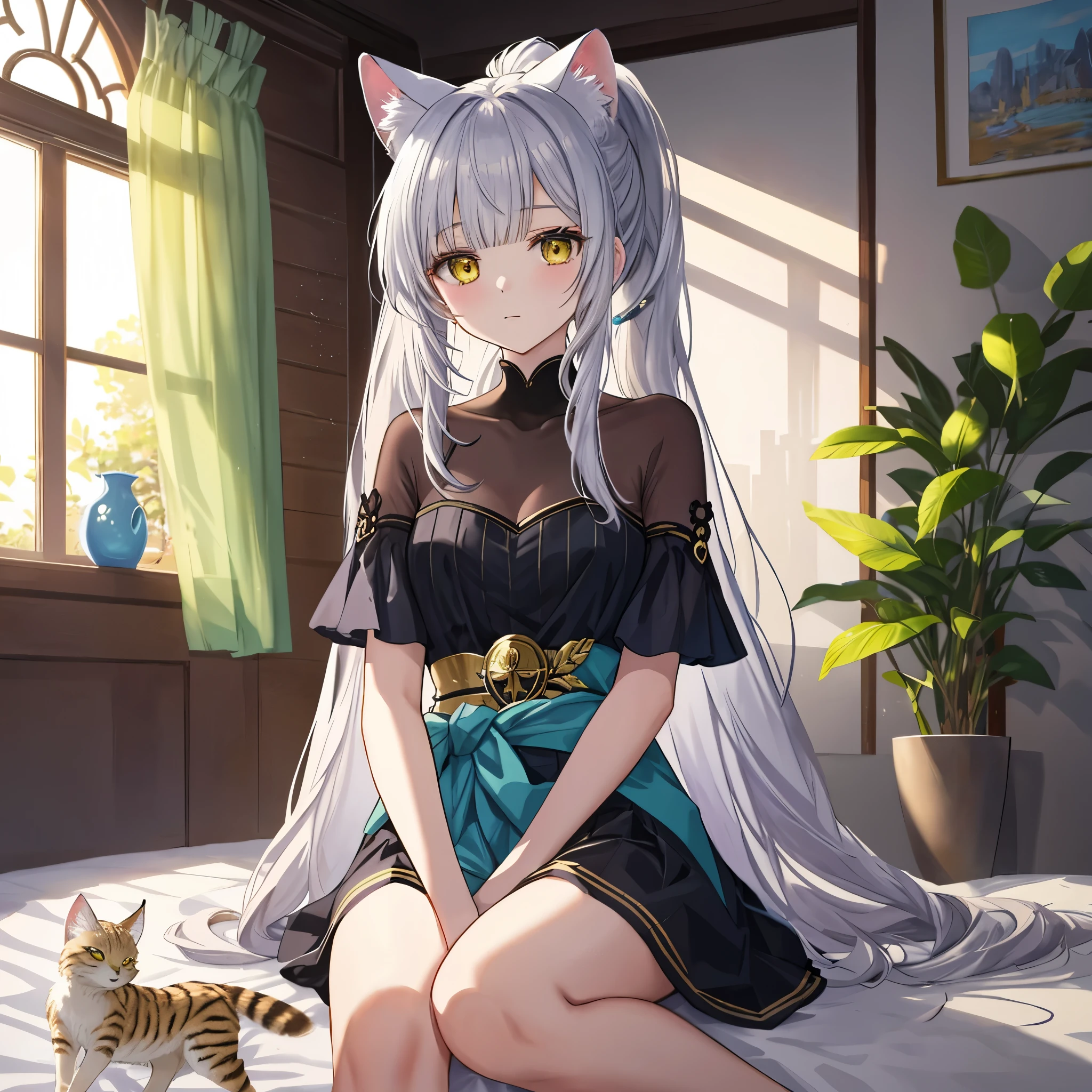 *Theme*: A tranquil and introspective scene featuring a character with sand cat-like ears and tail, seated on a bed.
*Character Count*: One.
*World Concept*: An indoor setting where anime and manga elements merge, blurring the lines between fantasy and reality.
*Body Type*: Slim, akin to a white gal's complexion.
*Outfit*: A form-fitting black attire that accentuates the character's silhouette.
*Outfit Colors*: Predominantly black with accents of gold, blue, and green.
*Hairstyle*: Selection from long hair, ponytail, twin tails, or bob cut, with elements from the other styles creatively integrated.
*Hair Color*: Mainly silver-white, complemented with touches of gold, blue, and green.
*Ears and Tail*: Distinctive sand cat-like ears and a tail, the latter styled to wrap around the waist like a belt.
*Props*: None.
*Emotion*: A serene expression that radiates a sense of calm.
*Movement*: Positioned with the back to the viewer, turning only the face to make eye contact.
*Perspective*: The character is prominently in the foreground against a softly blurred background.
*Composition*: Central focus on the character, bathed in the glow from a window.
*Background*: Features a window with curtains, through which external light pours in, brightening the room.
*Background Colors*: Subtle hues of light blue, yellow, silver, and deep red.
*Lighting*: Soft natural light predominates, casting a gentle illumination on the character.
*Style*: High-resolution official artwork or detailed fan art that resonates with trends on ArtStation or Pixiv. Drawing inspiration from Kusahart Krenz's originals, feminine, Fate, Enako, Nozomi Sasaki, and Kanna Hashimoto styles. Also includes realistic anime 2.5D or real anime girls styles.
*Quality Improvement*: Striving for hyper-realistic, ultra-detailed illustrations using the golden ratio of 1.2 and drafting board 1.3. Crafting a masterpiece in 64K ultra-high resolution with significant file size. Ensuring high facial resolution and impeccable li