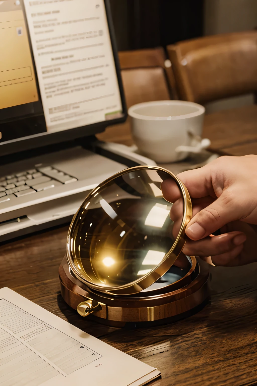 A hand holding a large magnifying glass on a card on the table Warm colors, retro scenery. I can see through a big magnifying glass a secret treasure. I see a lot of books and research