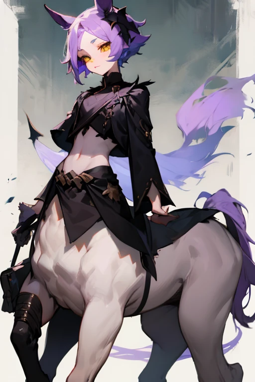 Male demon  Centaur、black long sleeve clothes、stomach、Mauve Skin、Purple hair、Black conjunctiva、black sclera、Yellow Eyes、Delicate face