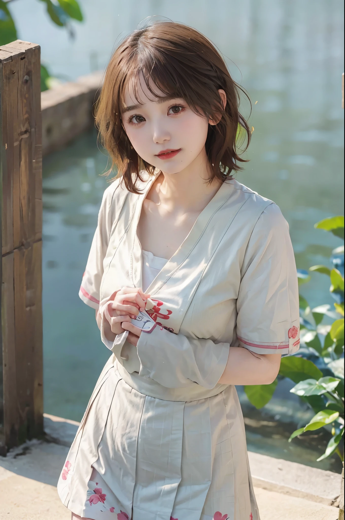 (8k, highest quality, masterpiece: 1,2), (Realistic, Realistic: 1.37), Super Detail, One Girl, ), (Very detailed), (Beautiful fine details), (highest quality) , (Very detailed), (masterpiece), (Detailed face), 20-year-old, One person girl, whole body, Are standing, Pink Hair, Very short hair, Medium chest, Perfect lighting, looking at the camera, Excited face, Mischievous face, ((high school girl) , Japanese Sailor Suit,)), Full head of floral hair, impressive, Written boundary depth, Short Hair, Short Bob