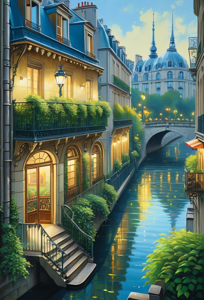 A poetic picture of Paris, France with the 1960's romantic style in the end of Summer where leaves begin to fall, oil on canvas painting, photo realistic, insanely detailed and intricate city scene, volumetric lighting, with a couple sitting by the Seine river, including reflections of the city lights on the water, and capturing the intricate ironwork of balconies and railings, studio Ghibli art style