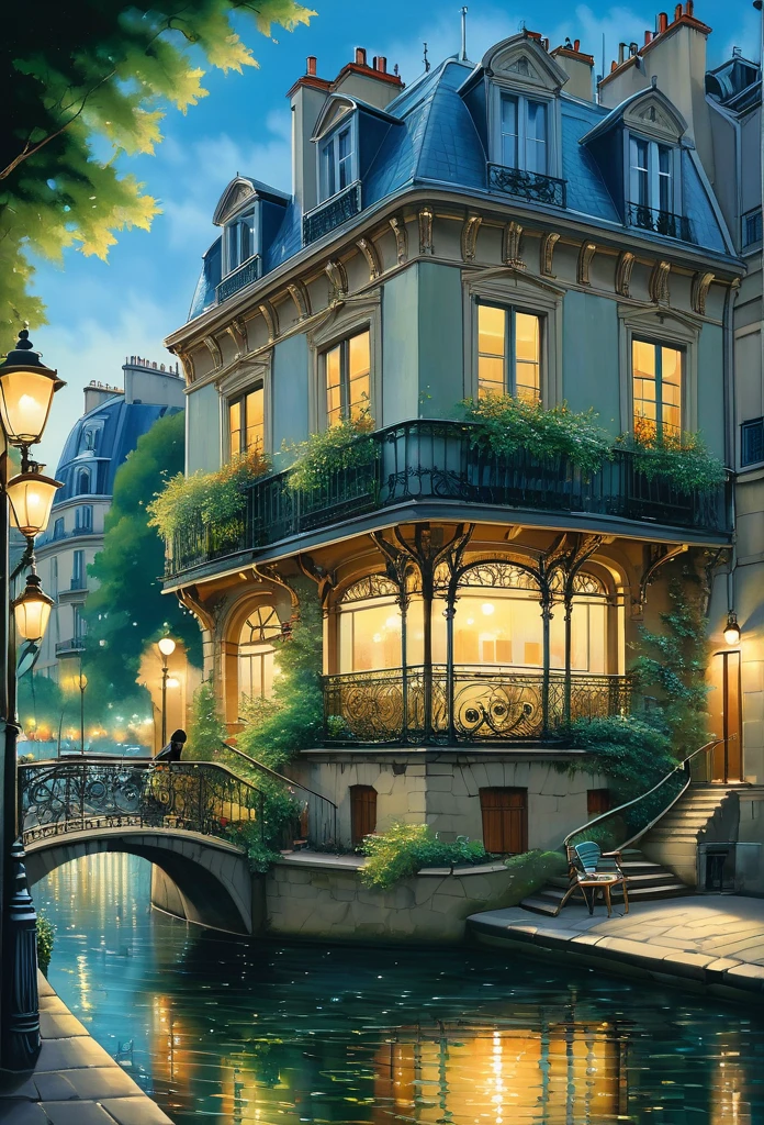 A poetic picture of Paris, France with the 1960's romantic style in the end of Summer where leaves begin to fall, oil on canvas painting, photo realistic, insanely detailed and intricate city scene, volumetric lighting, with a couple sitting by the Seine river, including reflections of the city lights on the water, and capturing the intricate ironwork of balconies and railings, studio Ghibli art style