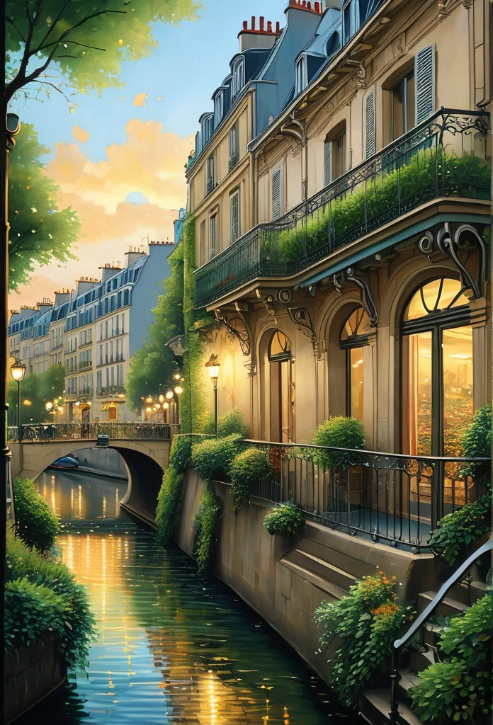 A poetic picture of Paris, France with the 1960's romantic style in the end of Summer where leaves begin to fall, oil on canvas painting, photo realistic, insanely detailed and intricate city scene, volumetric lighting, with a couple sitting by the Seine river, including reflections of the city lights on the water, and capturing the intricate ironwork of balconies and railings, studio Ghibli art style