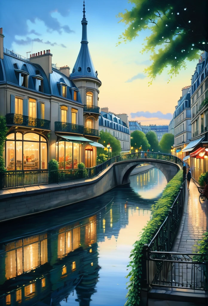 A poetic picture of Paris, France with the 1960's romantic style in the end of Summer where leaves begin to fall, oil on canvas painting, photo realistic, insanely detailed and intricate city scene, volumetric lighting, with a couple sitting by the Seine river, including reflections of the city lights on the water, and capturing the intricate ironwork of balconies and railings, studio Ghibli art style