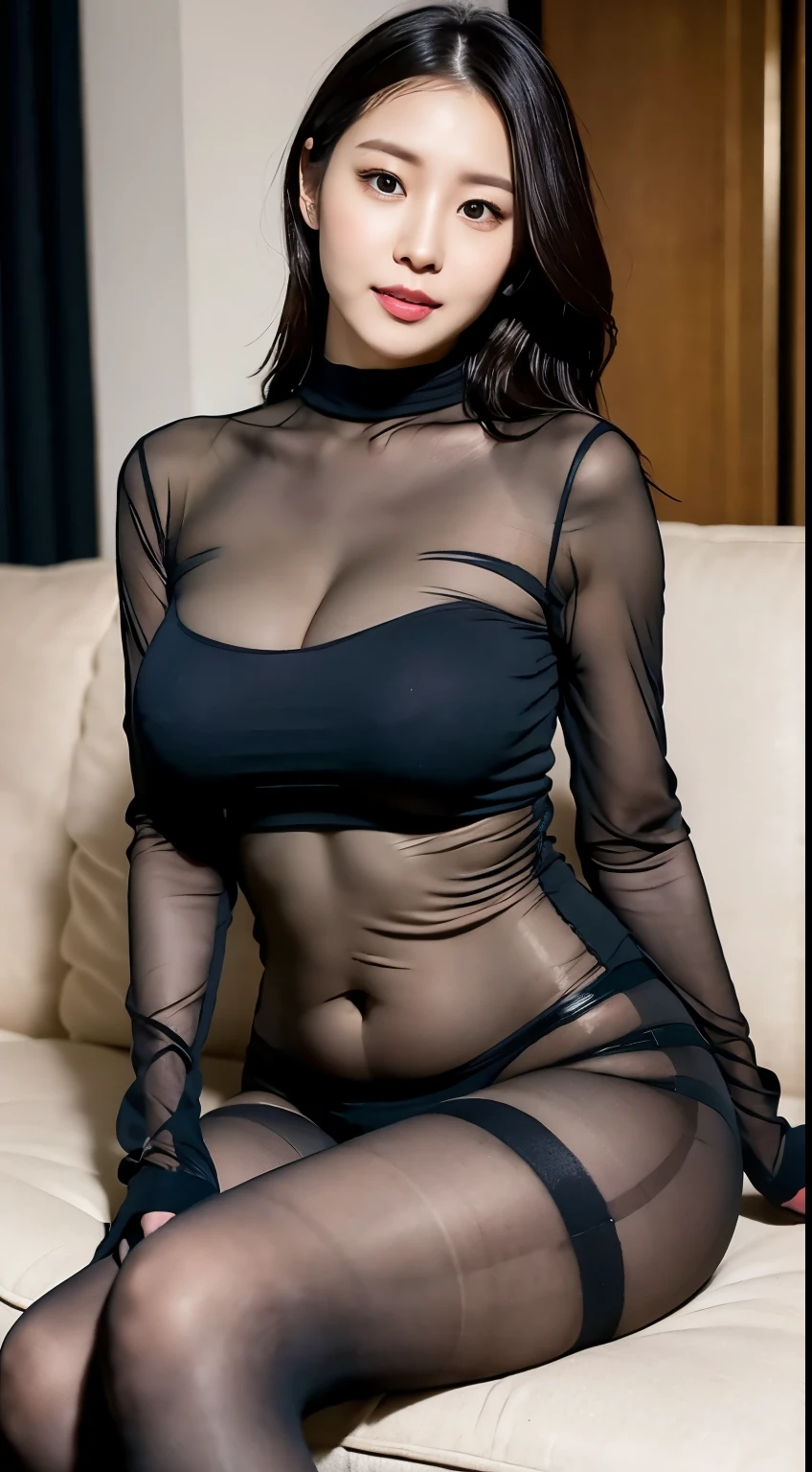 A woman wearing a green see-through shirt is sitting on a sofa, Her huge legs overwhelm you, Tight clothing, Ultra-realistic pantyhose, Big thighs、Butt、Lacey, Thick legs, Shine, tights, tights, Posing in the bedroom, Very pale, Smooth, transparent white skin, On my knees, Clear skin, tights skin, green legs, Translucent body, thick, On my knees