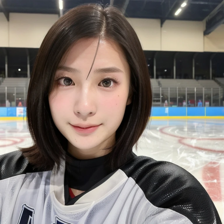 (kawaii 24year-old Japanese girl, Nogizaka idol, Korean idol), female ice hockey player, (glossy black hair, very short hair:1.3), (rounded face, black eyes, single eyelid, no makeup, soft smiling:1.2), (wearing long sleeved ice hockey jersey:1.5), ice hockey gloves, ice hockey helmet, (looking at viewer:1.2), BREAK, (skating at ice skate arena, active atmosphere:1.3), (view from forward, close shot, face focus:1.3), BREAK, (masterpiece, best quality, photo realistic, official art:1.4), (UHD, 8K quality wallpaper, high resolution, raw photo, golden ratio:1.3), (shiny skin), professional lighting, physically based rendering, award winning, (perfect anatomy, highly detailed skin, extremely detailed face and eyes:1.2), Carl Zeiss 300mm F/2.8, depth of field, 1girl, solo, nhl player, national hockey league player,