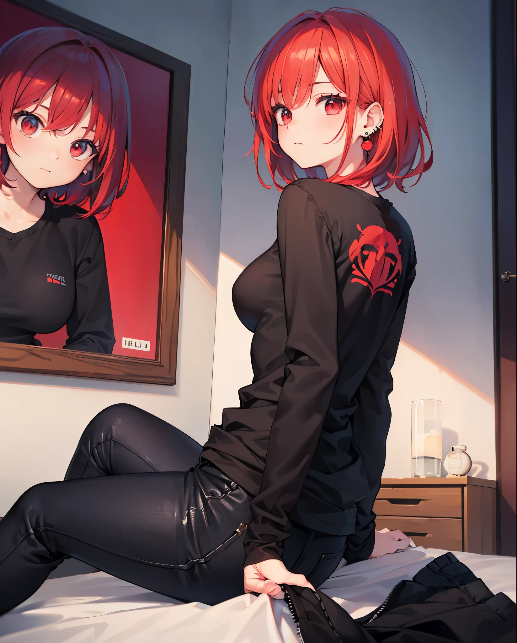 Realistic,highest quality, Ultra Detail, High-quality CG rendering, The most delicate and beautiful, Floating softly, High resolution, (1 girl), (Highest quality,4K,8K,masterpiece:1.2),(All red hair:1.5), (Medium Hair:1.5),(Red eyes:1.5),(Slightly larger breasts:1.5),(Black oversized long sleeve t-shirt:1.3),(short black pants:1.3),(pierced left ear:1.3),Inside the room, Collapsed in bed,Defeated,(Prone:1.3),(Turn your back to your audience:1.3),