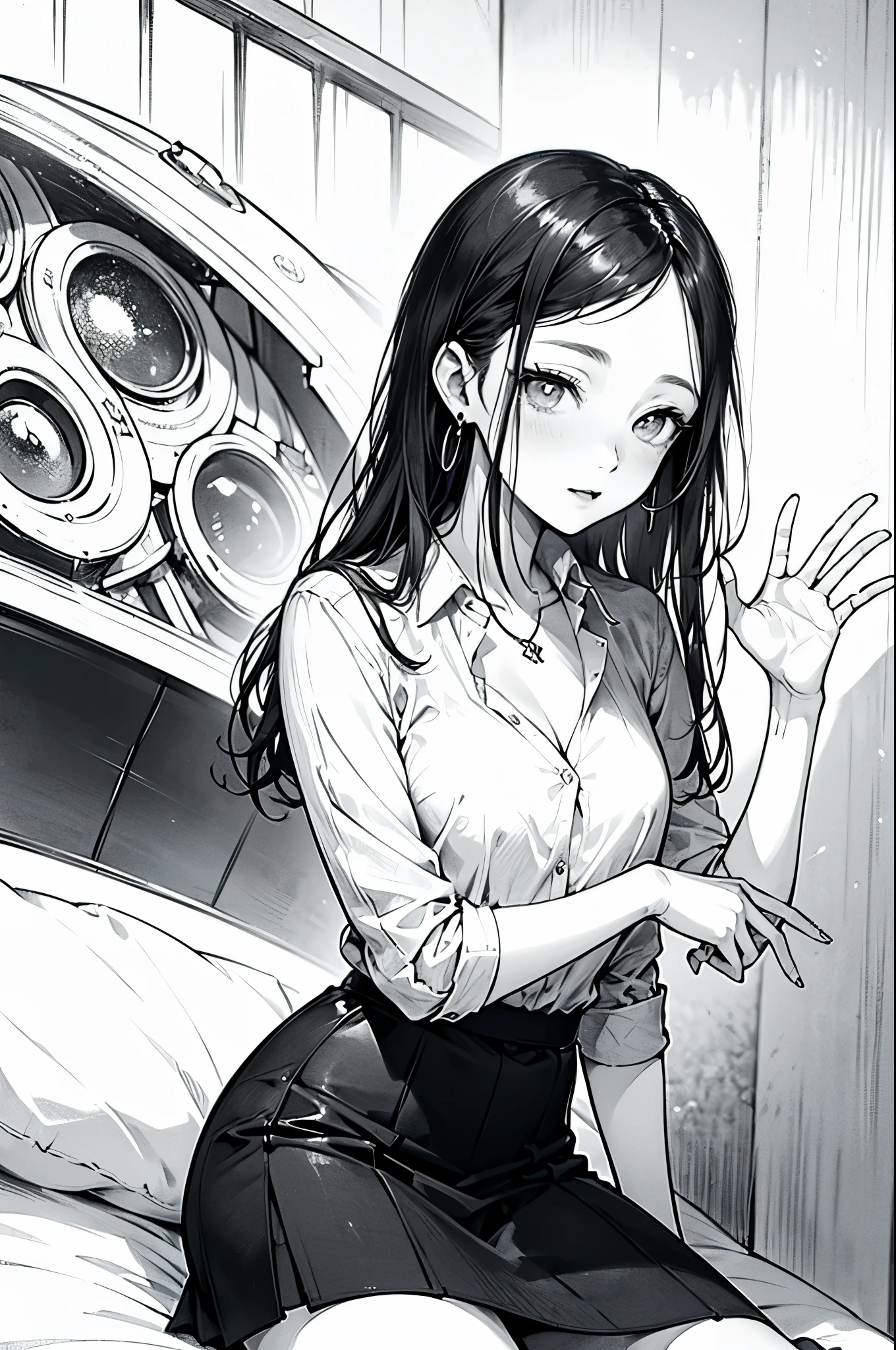 ((Biologically correct number of limbs))、(( Photo with face included))、4K、((Standing posture))、Masterpiece、((focus on the face))、((Symmetrical facial features))、Eyes with detailed description、Beautiful woman、Outstanding style、Beautiful clavicle、Beautiful legs、Beautiful Hands、Slender Body、(stockings、High heels)、Detailed depiction of faces、Small earrings、necklace、(Jacket、shirt、(Checked skirt))、profile、tie、Holiday theme park、(((White oak)))、Droopy eyes、Photographed from diagonally in front、(((Black and White)))、(((Pencil illustration)))、