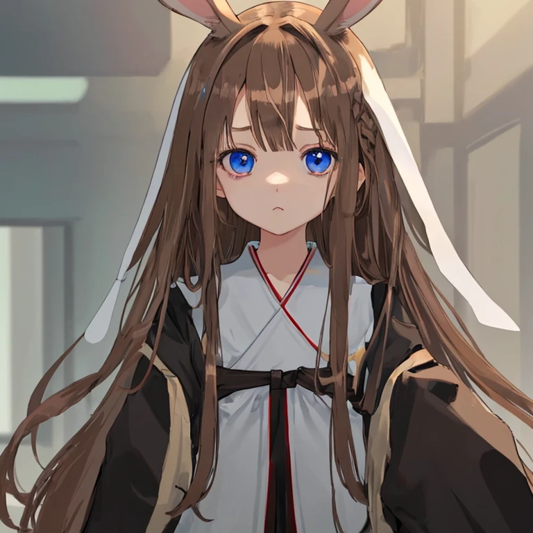Girl、Brown Hair、Light blue eyes、Has long brown rabbit ears、Hair is tied back、Bangs up to the forehead、Black medical clothing、Staring at me、、anime、Kind Face、Focus on breasts、naked