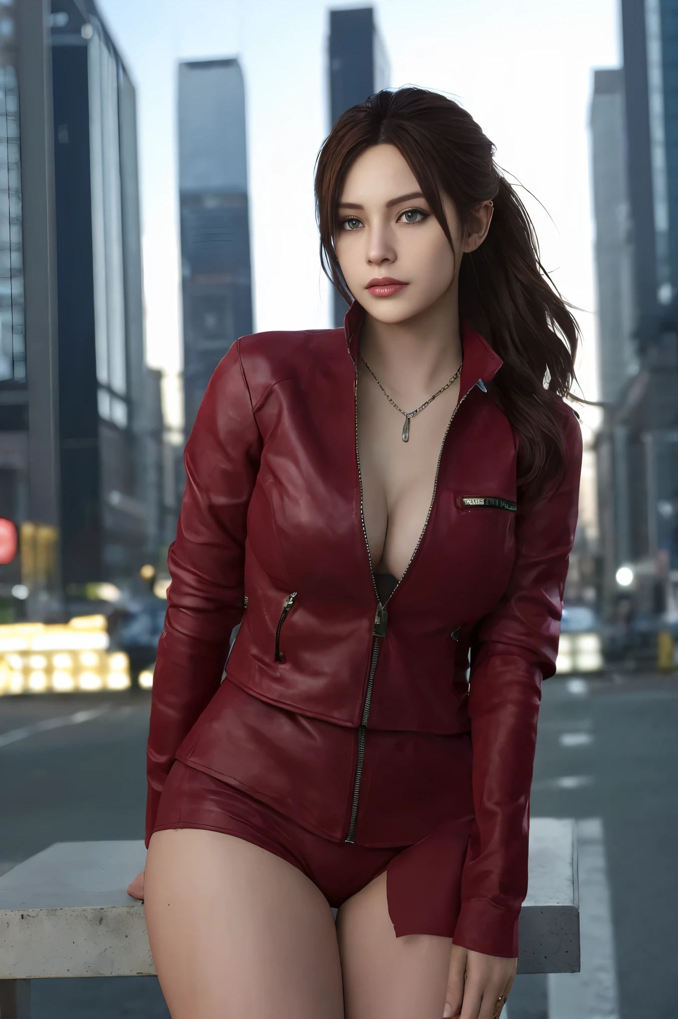 Claire Redfield from Resident Evil, posing seductively to viewer, solo:1, pov, beautiful thick thighs, front view
Sunny city background, long hair, 3/4 body, Army uniform