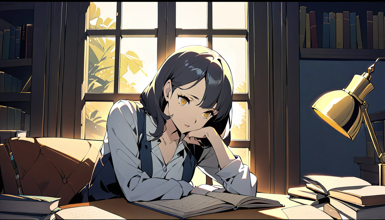 Masterpiece, Best quality, 1girl, Cozy corner, Jumble of books, Profound study, Desk lamp, Yellow glow, Peaceful ambiance, Quiet night, Window, Tranquil countenance, Intensity of concentration, Composed posture, Inquisitive eyes, Subtle tilt, Nimble fingers, Timeworn margins, Sultry aura, Silent focus, Deep in thought, Scholar, Old world wisdom, Intellectual, Thoughtful, Pensive, Well-read, Intellect, Knowledgeable, Wisdom seeker, Glimpse into the mind, Soaking up the knowledge, Absorbing the information.

A girl, enscon
